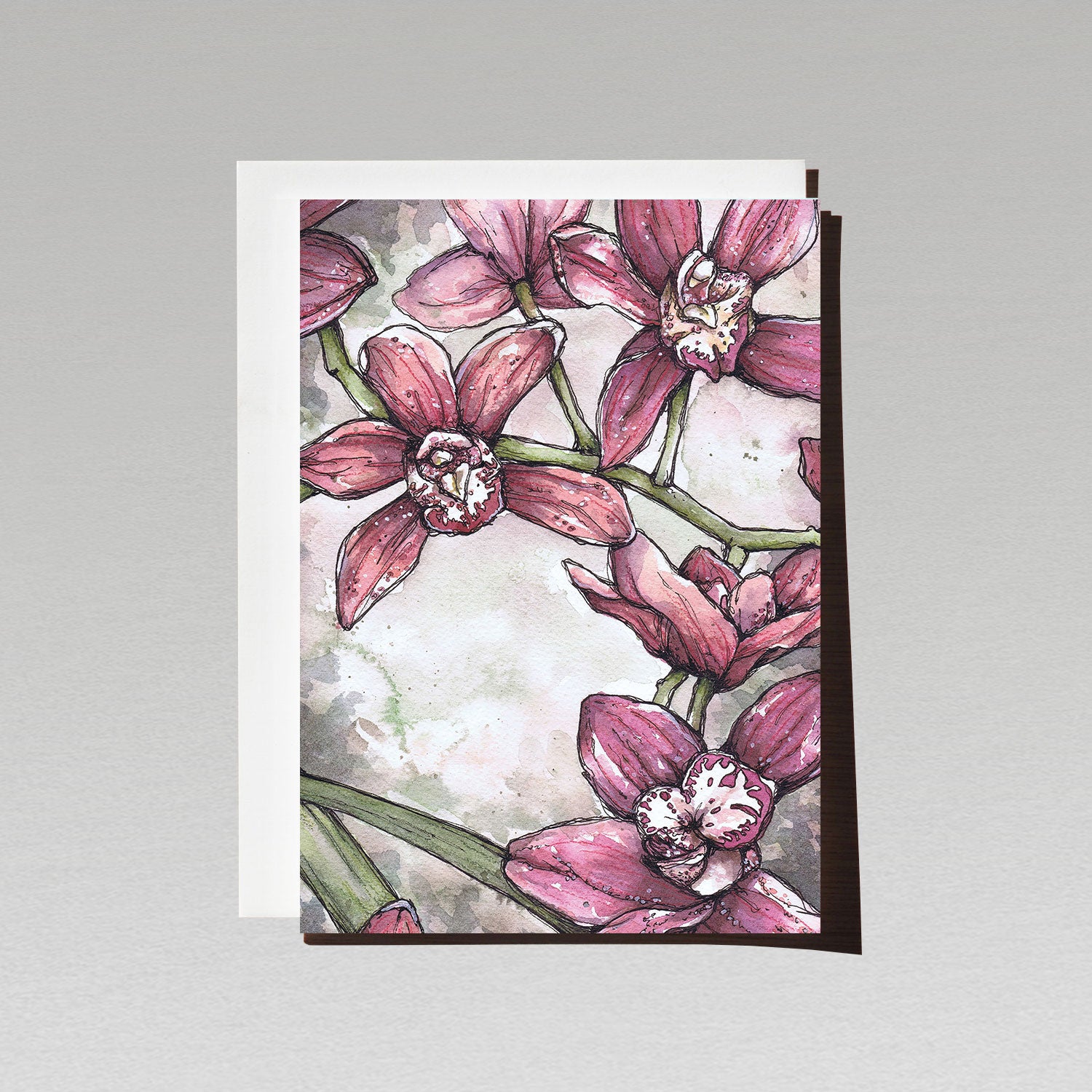 Greeting card with watercolour and ink painting of pink orchids